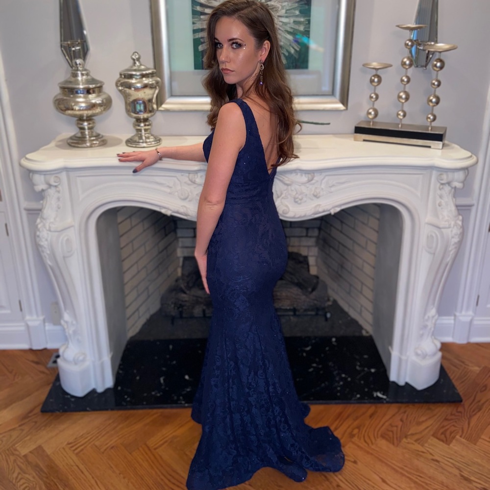 La Femme plunge neck sparkle gown - Picture 3 of 5